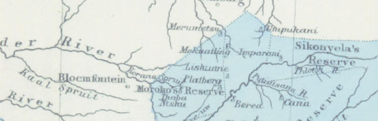 Map (c. 1849) showing location of Umpukani in relation to Bloemfontein.